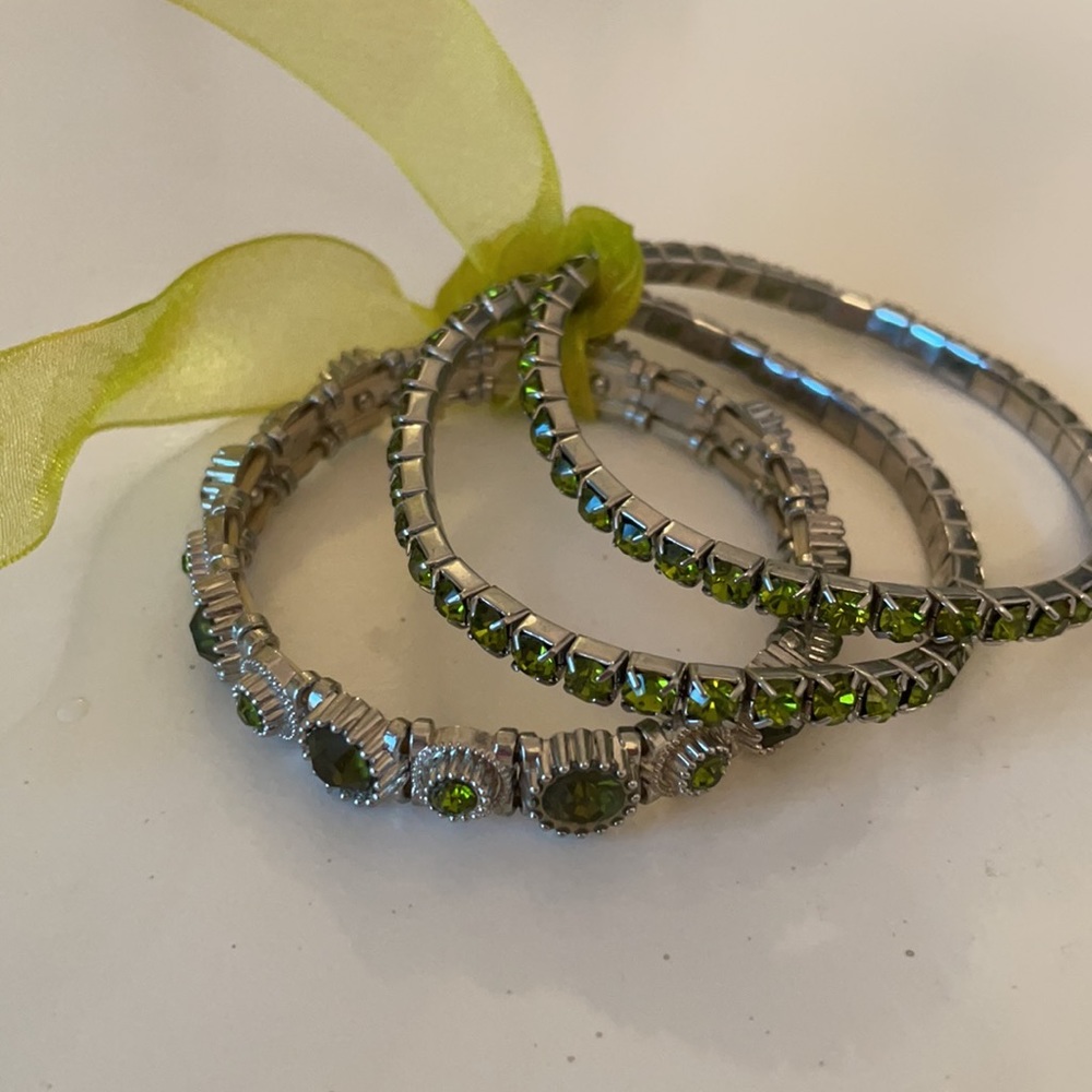 Set of Three Silver and Green Bracelets
